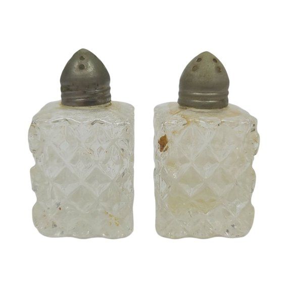 Vintage Cut Glass Mini Salt Pepper Shakers Aluminum Lids MCM MId Century - Picture 2 of 8